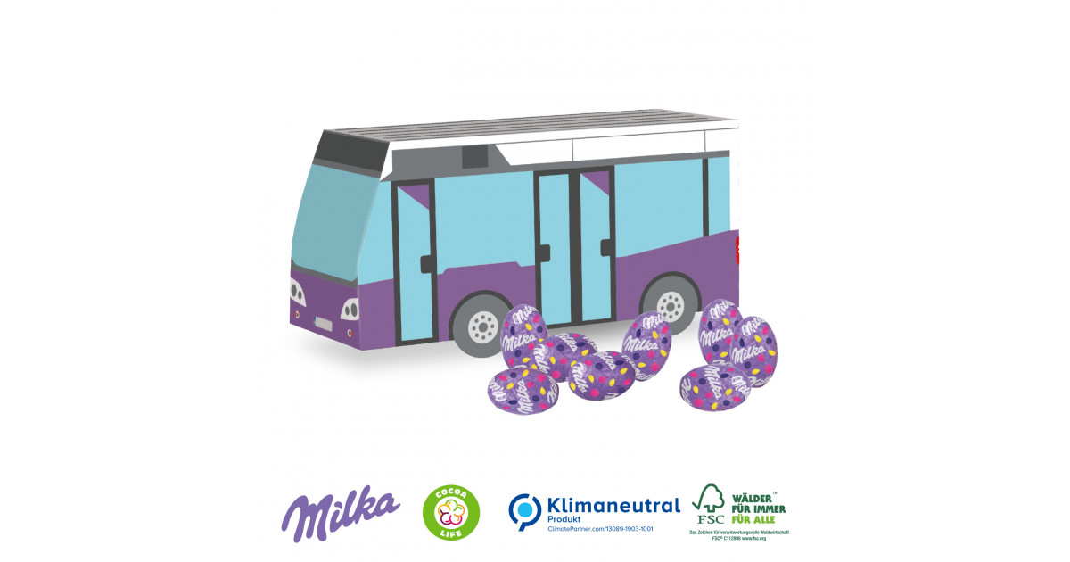 3D Präsent Bus mit Milka Alpenmilch Eier, Klimaneutral als Werbeartikel