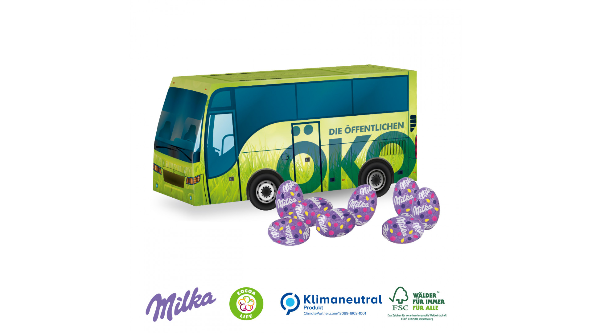 3D Präsent Bus mit Milka Alpenmilch Eier, Klimaneutral als Werbeartikel