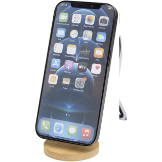 Alcor Klappbare magnetische Smartphonehalterung aus recyceltem Kunststoff mit Bambusdetails, weiß