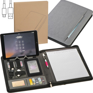 A4 Schreibmappe aus Kunstleder mit integrierter Powerbank, grau