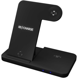 SCX.design W28 kabellose 3-in-1 Ladestation kabellos mit Telefonständer und Leuchtlogo, schwarz