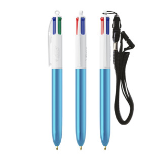 BIC® 4 Colours® Shine with lanyard ballpen, weiß, blaumetallic