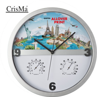 Wanduhr mit Hygro - und Thermometer, halbes Display bedruckbar, grau