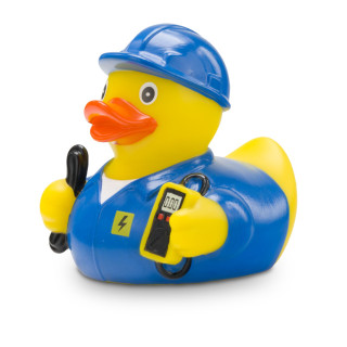 Werbeente Erik Elektriker mit blauem Kittel