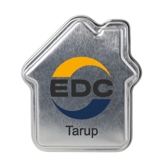 Metalldose in Hausform mit ca. 12 g Schokolinsen, silber