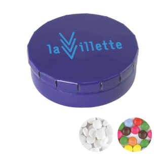 Runde Click-Blechdose mit ca. 12 g Schokolinsen, dunkelblau