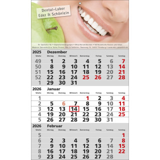 Papierwandkalender mit 3 Monaten auf einer Seite, deutsch-sprachig, grau