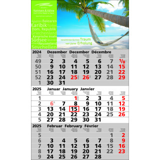 Papierwandkalender mit 3 Monaten auf einer Seite, 3-sprachig (D, GB, F) deutsche Feiertage