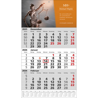 Papierwandkalender mit 3 Monaten auf einer Seite mit Jahreskalendarium auf Fußleiste, deutsch-sprachig, grau