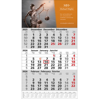 Papierwandkalender mit 3 Monaten auf einer Seite mit Jahreskalendarium auf Fußleiste, 3-sprachig (D,GB,F) dt. Feiertage, grau