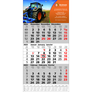 Papierwandkalender mit 3 Monaten auf einer Seite mit Jahreskalendarium auf jedem Kalenderblatt, 3-sprachig (D,GB,F) dt. Feiertage