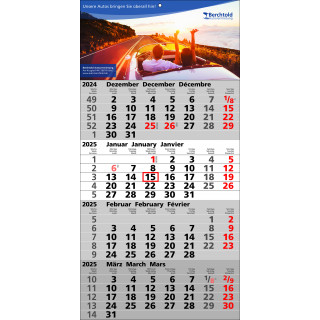 Papierwandkalender mit 4 Monaten auf einer Seite, 3-sprachig (D,GB,F), deutsche Feiertage