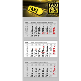 Papierwandkalender mit 3 Monaten auf 3 einzelnen Blöcken, Druck auf angehefteter Kopflasche, 4-sprachig (D, GB, F, NL), grau