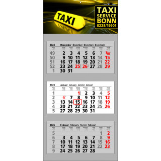Papierwandkalender mit 3 Monaten auf 3 einzelnen Blöcken, Druck auf angehefteter Kopflasche, 4-sprachig (D, GB, F, NL)