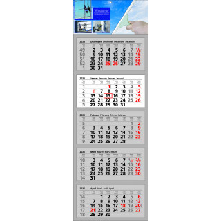 Papierwandkalender mit 5 Monaten auf 5 einzelnen Blöcken, Druck auf angehefteter Kopflasche, 4-sprachig (D, GB, F, NL)