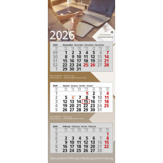 Papierwandkalender mit 3 Monaten auf 3 einzelnen Blöcken, 4-sprachig (D, GB, F, NL), grau