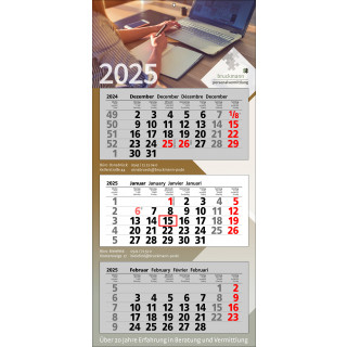 Papierwandkalender mit 3 Monaten auf 3 einzelnen Blöcken, 4-sprachig (D, GB, F, NL)