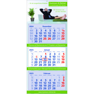 Papierwandkalender mit 3 Monaten auf 3 einzelnen Blöcken, deutsch-sprachig