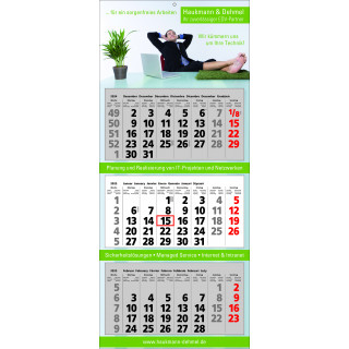 Papierwandkalender mit 3 Monaten auf 3 einzelnen Blöcken, 7-spr. (D,GB,F,E,I,NL,Polnisch) intern. Feiertagskennzeichnung