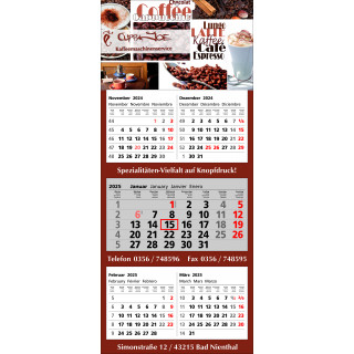Papierwandkalender mit 5 Monaten auf 3 einzelnen Blöcken, 4-spr. (D,GB,F,E) intern. Feiertagskennzeichnung