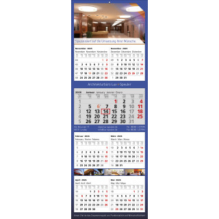 Papierwandkalender mit 7 Monaten auf 4 einzelnen Blöcken, 4-spr. (D,GB,F,E) intern. Feiertagskennzeichnung, grau