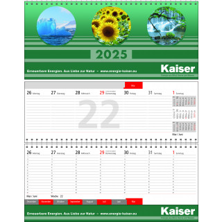 Tischquerkalender mit 3 Monatsübersicht mit Monatsregister, gestanzt, 1 Woche auf 2 Seiten, Terminuhrzeiten von 7-20 Uhr , 1-sprachig deutsch ca. 128 Seiten