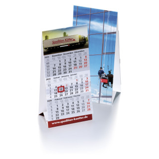 Tisch-Aufstellkalender aus hochwertigem,stabilem Karton, 12 Blatt, 1 Jahr, 3 Monatsübersicht auf 1 Blatt, 3-sprachig (D,GB,F), grau