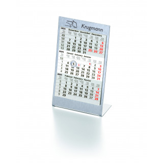Tisch-Aufstellkalender aus Edelstahl mit Magnetring, 12 Blatt, 1 Jahr, 3 Monate auf 1 Blatt, 3-spr. (D,GB,F), in Einzelverpackung aus Vollpappe
