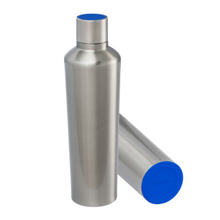 Thermotrinkflasche RETUMBLER-myDRINQEO 770, Flasche silber, Deckel blau, Boden blau