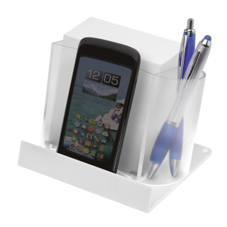 Smartphone-/Tabletständer mit Zettelbox, gefrostet glasklar, weiß