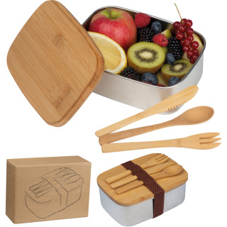 Große Brotzeitbox mit Bambusdeckel und elastischem Band, beige