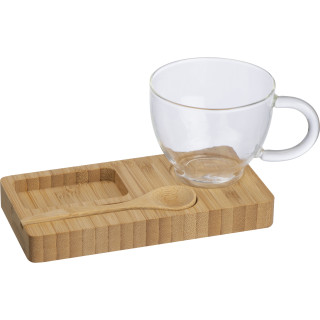 Servierbrett mit Bambuslöffel und Glastasse, 150ml, beige