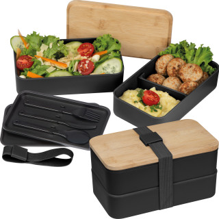 2 stöckige Lunchbox aus Kunststoff und Bambus, schwarz