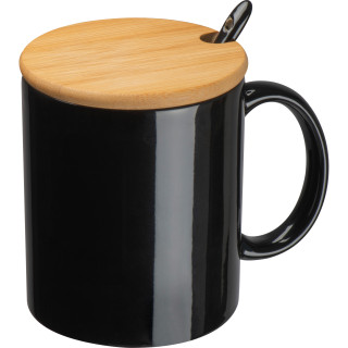 Keramiktasse mit Löffel und Bambusdeckel LOTHAR, schwarz
