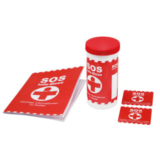SOS-Info-Dose mit Standardbanderole, weiß, rot