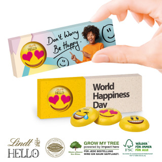 Werbekartonage mit 3 Lindt HELLO Mini Emoti