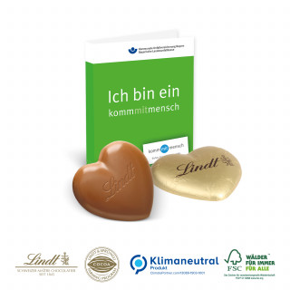 Werbe-Klappkarte mit süßer Füllung, Klimaneutral - 1 Lindt Schokoladenherz „Vollmilch“ (ca. 20 g)