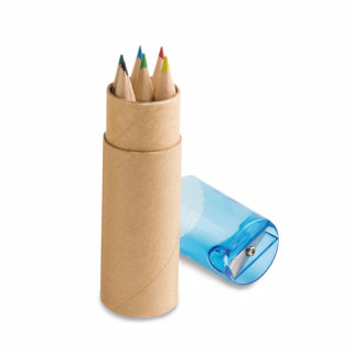 ROLS. Bleistiftbox mit 6 Buntstiften und einem Deckel mit Anspitzer, blau