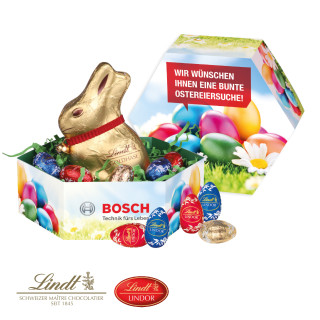 Großes Osternest, Lindt Schokoladen-Eier und Goldhase