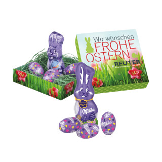 Osternest, Milka Schokoladen-Eier und Schmunzelhase