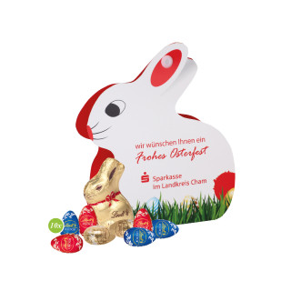 Werbe-Hase, Lindt Schokoladen-Eier und Goldhase