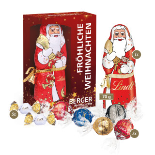 Präsentbox "Maxi" mit 5 Lindt Lindor, 5 Lindt Vollmilchkugeln, gr. Lindt Weihnachtsmann