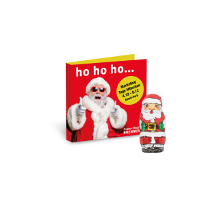 Werbeklappkarte mit Schokoladen-Weihnachtsmann