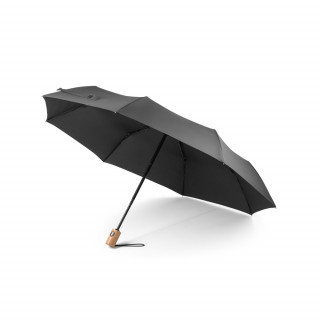 RIVER. Faltbarer Regenschirm aus rPET mit Holzgriff, schwarz