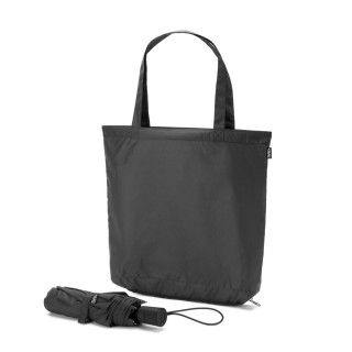 SKYLAR. 2-in-1-Regenschirm mit Einkaufstasche inklusive. Dieser ist aus recyceltem Polyester, schwarz