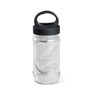 ARTX PLUS. Sporthandtuch aus Polyamid und Polyester mit Flasche (440 mL) aus PP und PET und einem integrierten Karabinerhaken am Deckel, weiß