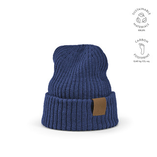 "Cobain Beanie" Mütze aus rPET und Wolle mit personalisierbarem Aufnäher, blau