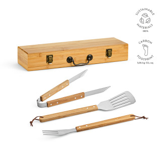 "Turner" Barbecue-Set aus Bambus mit Etui, Zange, Gabel und Spatel, natur