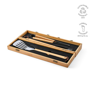 Turner Barbecue-Set aus Bambus. Mit Etui, Zange, Gabel und Spatel, natur