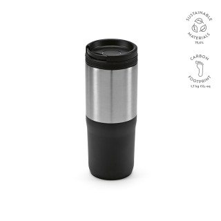 Orange Reisebecher recycelter Edelstahl, 600 ml. Dreifachwandig, schwarz